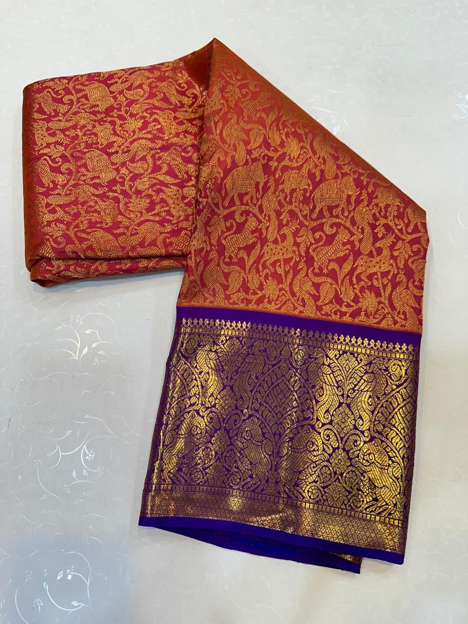 Classic Orange & Violet Elegance Kanchipuram Handloom Silk Saree SS24699