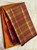 Load image into Gallery viewer, Classic Apricot Orange &amp; Dark Plum 2gm Zari Vaira Oosi Checks Elegance Kanchipuram Handloom Silk Saree SS28081
