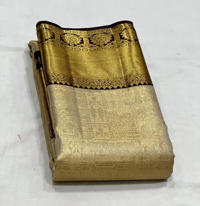 Classic Golden Beige & Aubergine 1gm Zari Bridal Elegance Kanchipuram Handloom Silk Saree SS24113