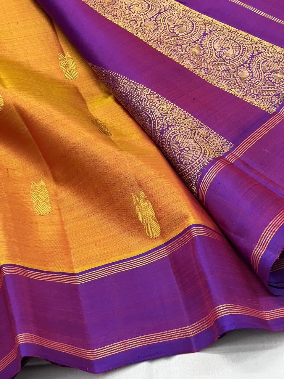 Classic Mustard Yellow & Purple 2gm Zari Kanchipuram Handloom Silk Saree SS26017