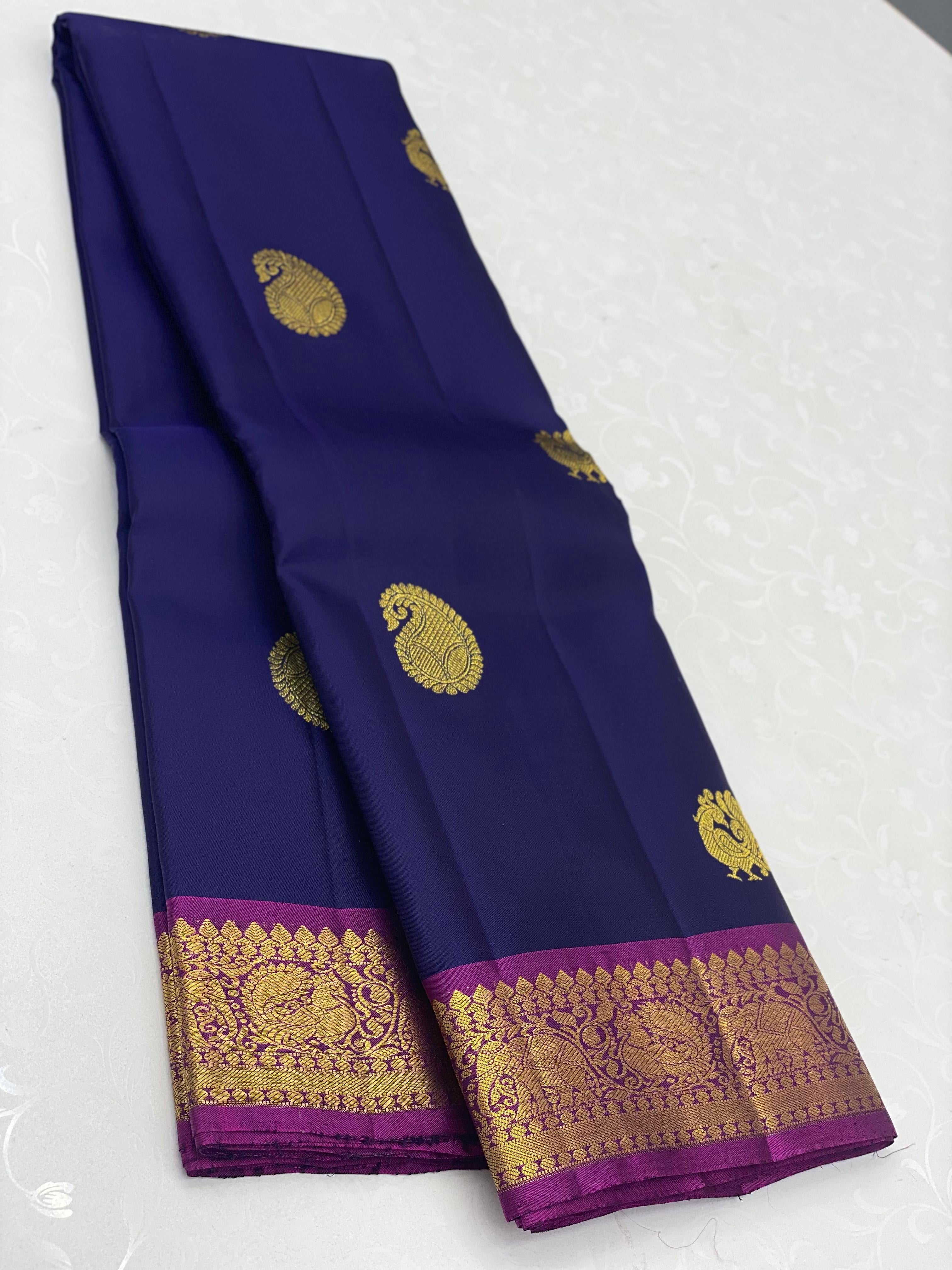 Classic Steel Blue & Fuchsia Pink 2gm Zari Elegance Kanchipuram Handloom Silk Saree SS23753