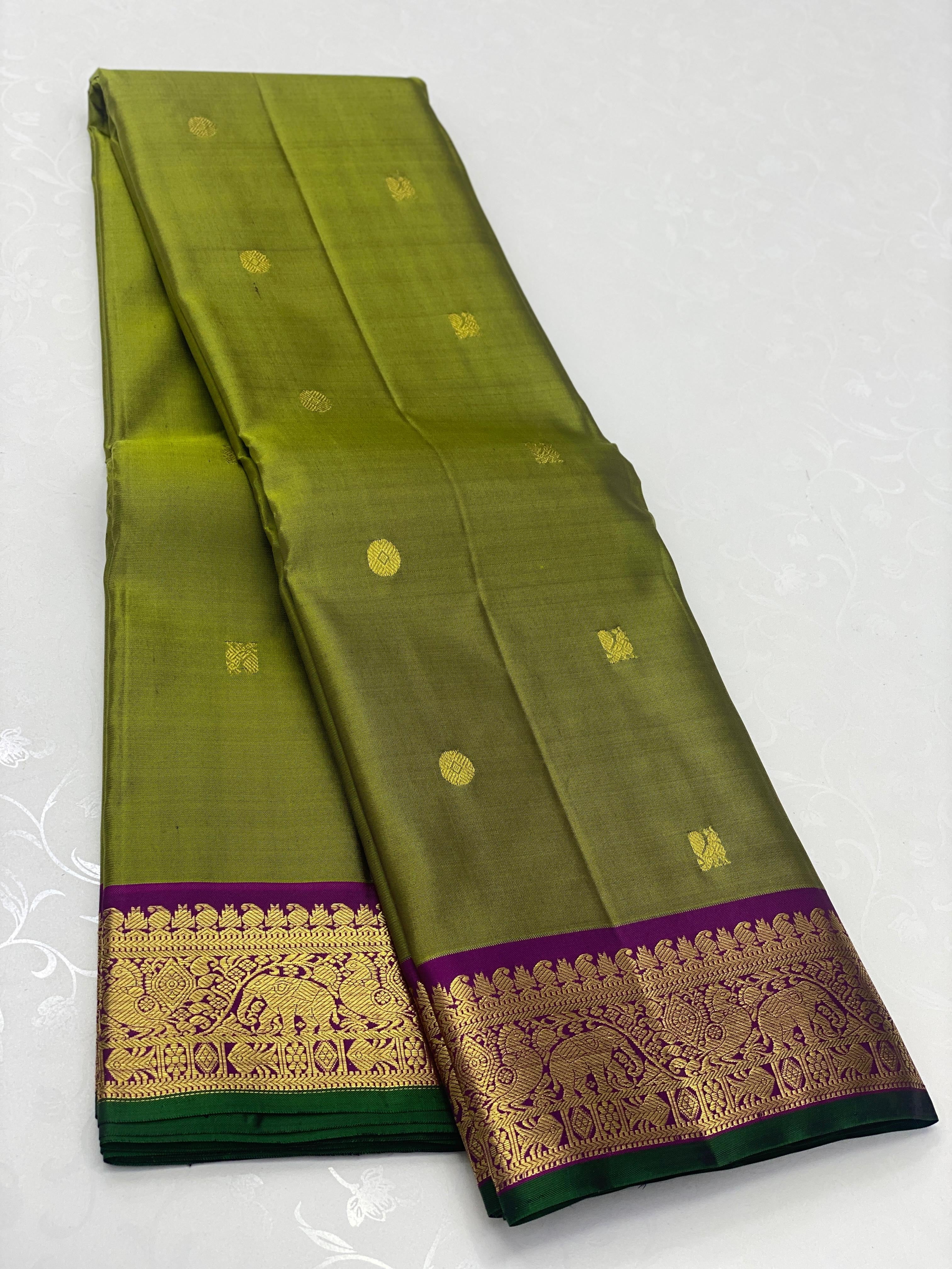 Classic Olive Green & Wine Red 2gm Zari Bridal Elegance Kanchipuram Handloom Silk Saree SS24401