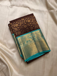 Classic Dark Chocolate & Sky Blue 2gm Zari Bridal Elegance Kanchipuram Handloom Silk Saree SS24479