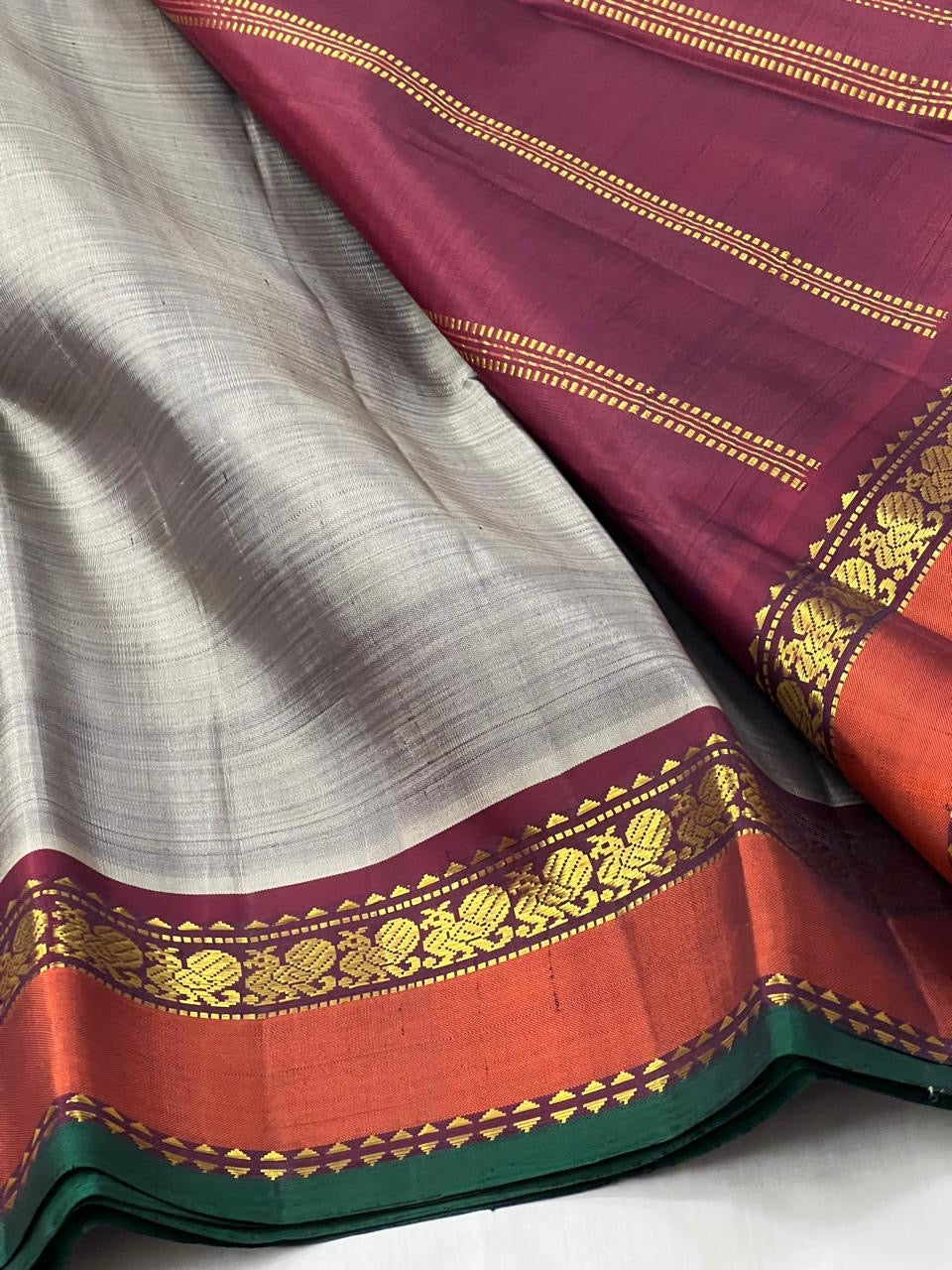 Classic Cement Grey & Maroon 2gm Zari Elegance Kanchipuram Handloom Silk Saree SS25239