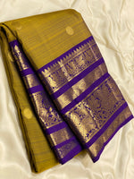 Load image into Gallery viewer, Classic Mustard Yellow &amp; Violet Long Border Vintage Elegance Kanchipuram Handloom Silk Saree SS27185

