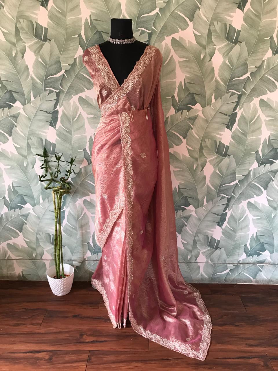 Classic Pastel Pink Handwork Elegance Crushed Tissue Silk Saree SS25697
