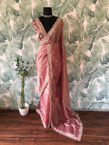 Classic Pastel Pink Handwork Elegance Crushed Tissue Silk Saree SS25697