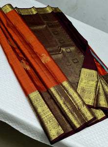Classic Burnt Orange & Coffee Brown 1gm Zari Kanchipuram Handloom Silk Saree SS26199
