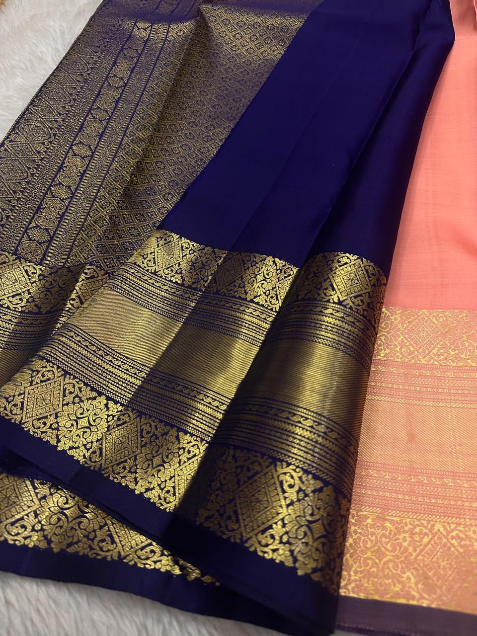 Classic Peach Rose & Navy Blue 2gm Zari Elegance Kanchipuram Handloom Silk Saree SS24629