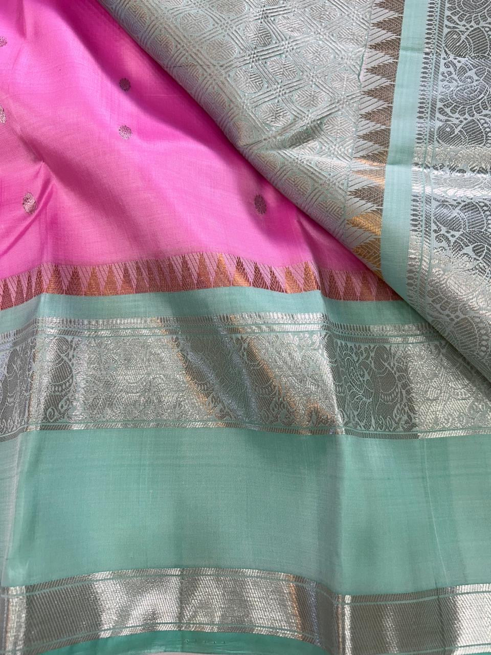 Classic Pink & Sea Green Kanchipuram Handloom Silk Saree SS25949