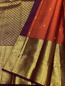 Classic Burnt Orange 2gm Zari Vaira Oosi Checks Kanchipuram Handloom Silk Saree SS25895
