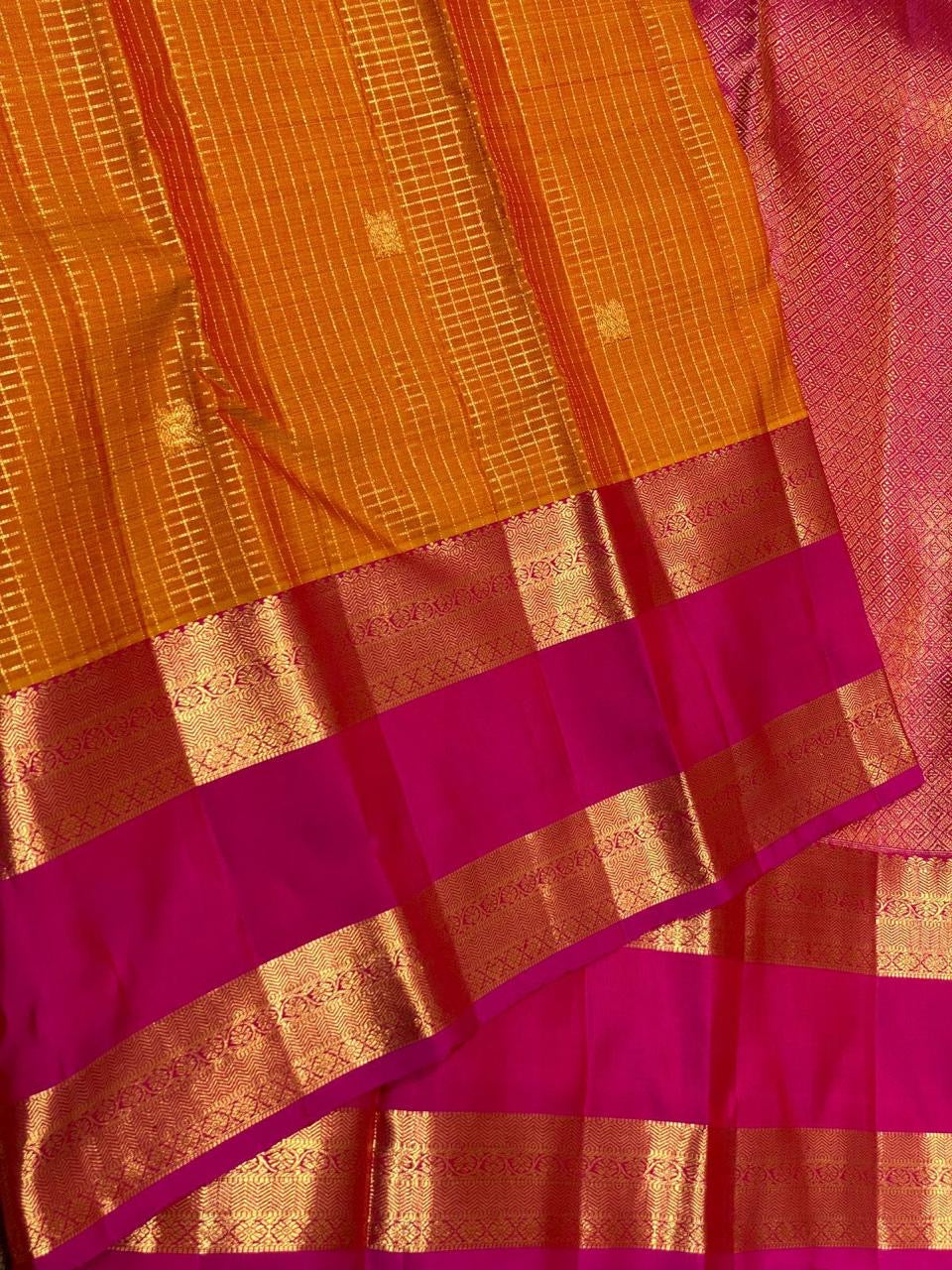 Classic Mustard & Pink 2gm Zari Vaira Oosi Kanchipuram Handloom Silk Saree SS25583