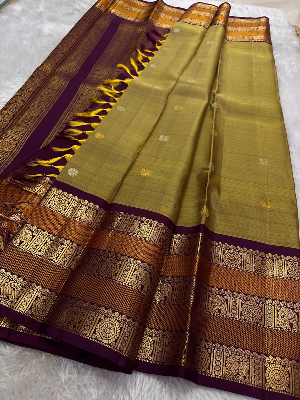 Classic Mustard & Plum 2gm Zari Elegance Kanchipuram Handloom Silk Saree SS24232