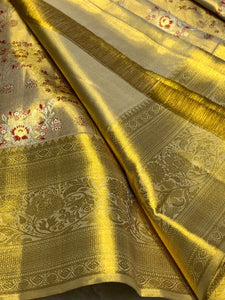 Classic Gold Cream 2gm Zari Bridal Designer Brocade Elegance Kanchipuram Tissue Handloom Silk Saree SS24217