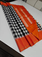 Load image into Gallery viewer, Classic Black Checker  &amp; Orange 2gm Zari Korvai Elegance Kanchipuram Handloom Silk Saree SS27100
