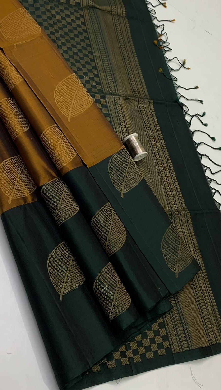 Classic Mustard & Bottle Green Elegance Handloom Soft Silk Saree SS23262