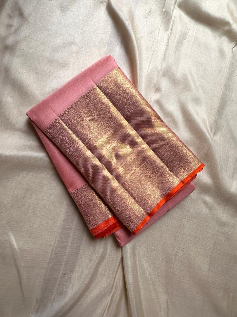 Classic Pastel Pink & Chilly Red 2gm Zari Bridal Elegance Kanchipuram Handloom Silk Saree SS26271
