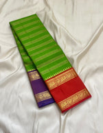Load image into Gallery viewer, Classic Spring Green Brick Orange &amp; Steel Blue 2gm Zari Beldhari Designed Bridal Elegance Kanchipuram Handloom Silk Saree SS28325
