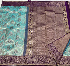 Pastel Cerulean Blue & Berry Purple Designed 1gm Zari Bridal Elegance Kanchipuram Handloom Silk Saree SS19596