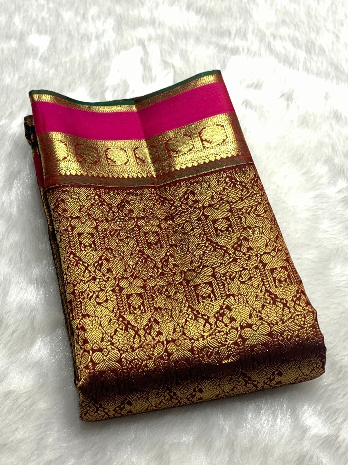Classic Coffee Brown & Deep Pink 2gm Zari Bridal Elegance Kanchipuram Handloom Silk Saree SS25269