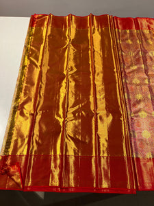 Classic Floral Gold & Chilli Red Silver 1gm Zari Bridal Elegance Kanchipuram Handloom Silk Saree SS24026