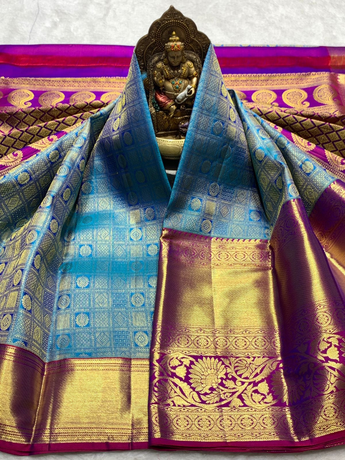 Classic Azure Blue & Vadamalli Purple 2gm Zari Bridal Elegance Kanchipuram Handloom Silk Saree SS25355