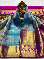 Load image into Gallery viewer, Classic Azure Blue &amp; Vadamalli Purple 2gm Zari Bridal Elegance Kanchipuram Handloom Silk Saree SS25355
