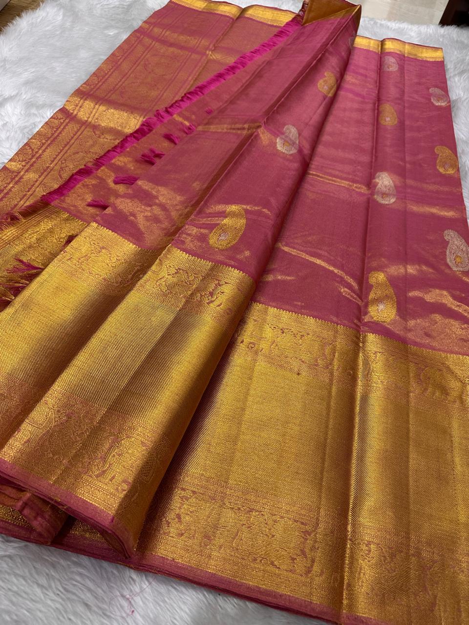 Classic Rose Pink 2gm Zari Tissue Bridal Elegance Kanchipuram Handloom Silk Saree SS26420
