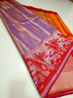 Load image into Gallery viewer, Shimmer Lavender &amp; Red 4D designed Bridal Elegance Kanchipuram Handloom Silk Saree SS24776
