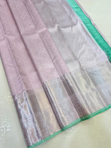 Classic Pastel Pink Tint & Sea Green Silver Zari Bridal Elegance Kanchipuram Handloom Silk Saree SS23576