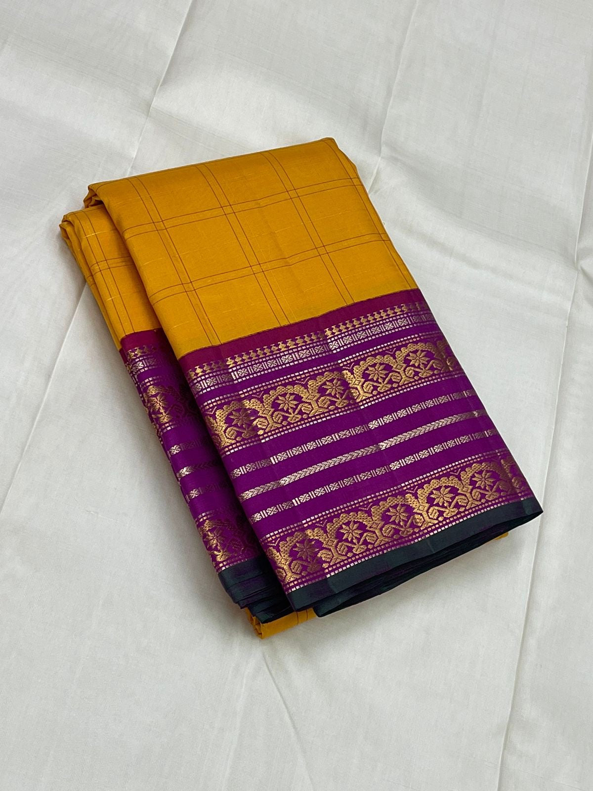 Classic Golden Yellow & Berry Plum 2gm Zari Elegance Kanchipuram Handloom Silk Saree SS24714