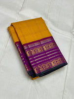 Load image into Gallery viewer, Classic Golden Yellow &amp; Berry Plum 2gm Zari Elegance Kanchipuram Handloom Silk Saree SS24714
