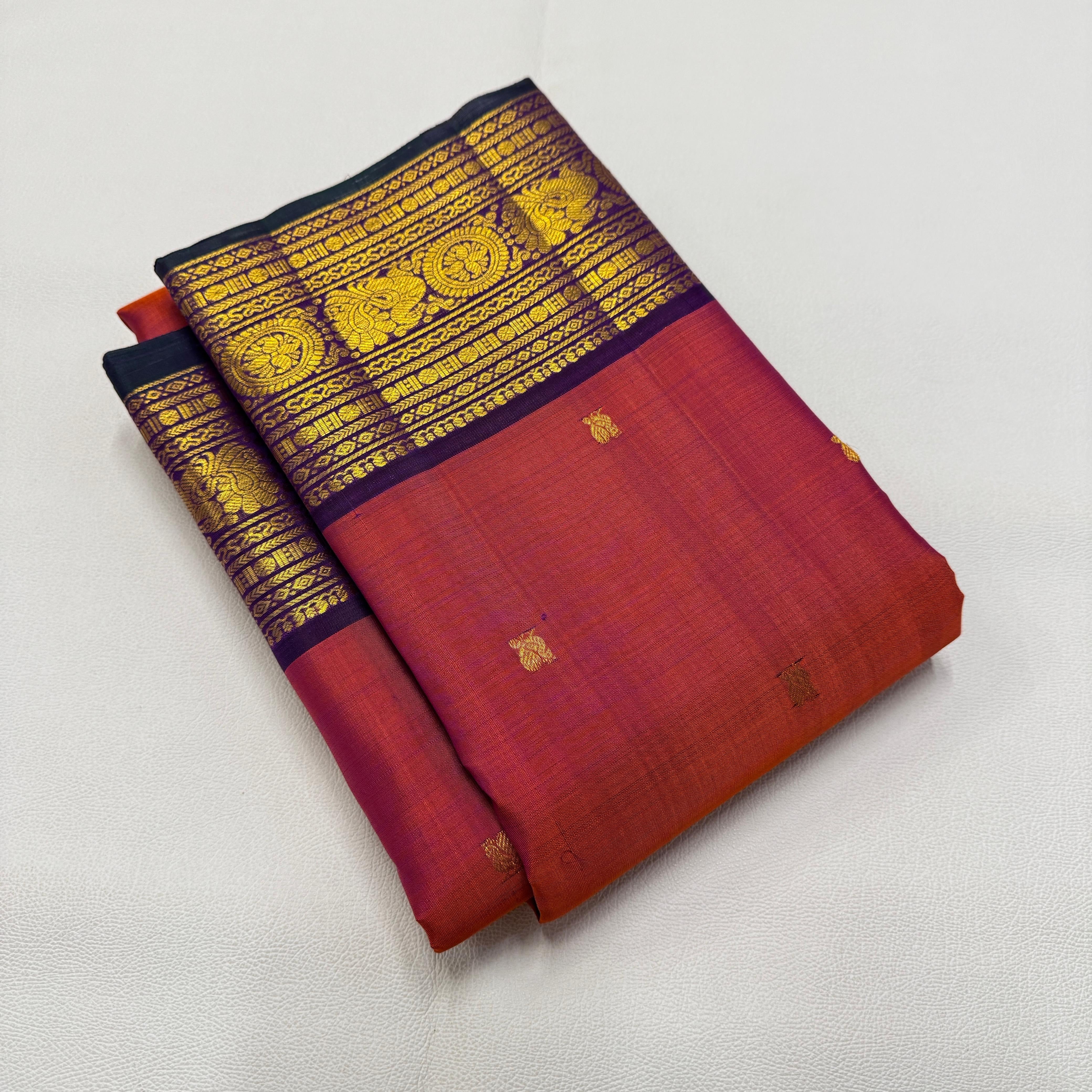 Classic Orange Rose & Plum 2gm Zari Kanchipuram Handloom Silk Saree SS25993