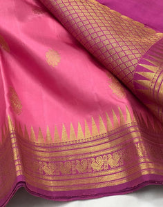 Classic Creamy Pink & Fuchsia 2gm Zari Kanchipuram Handloom Silk Saree SS25776