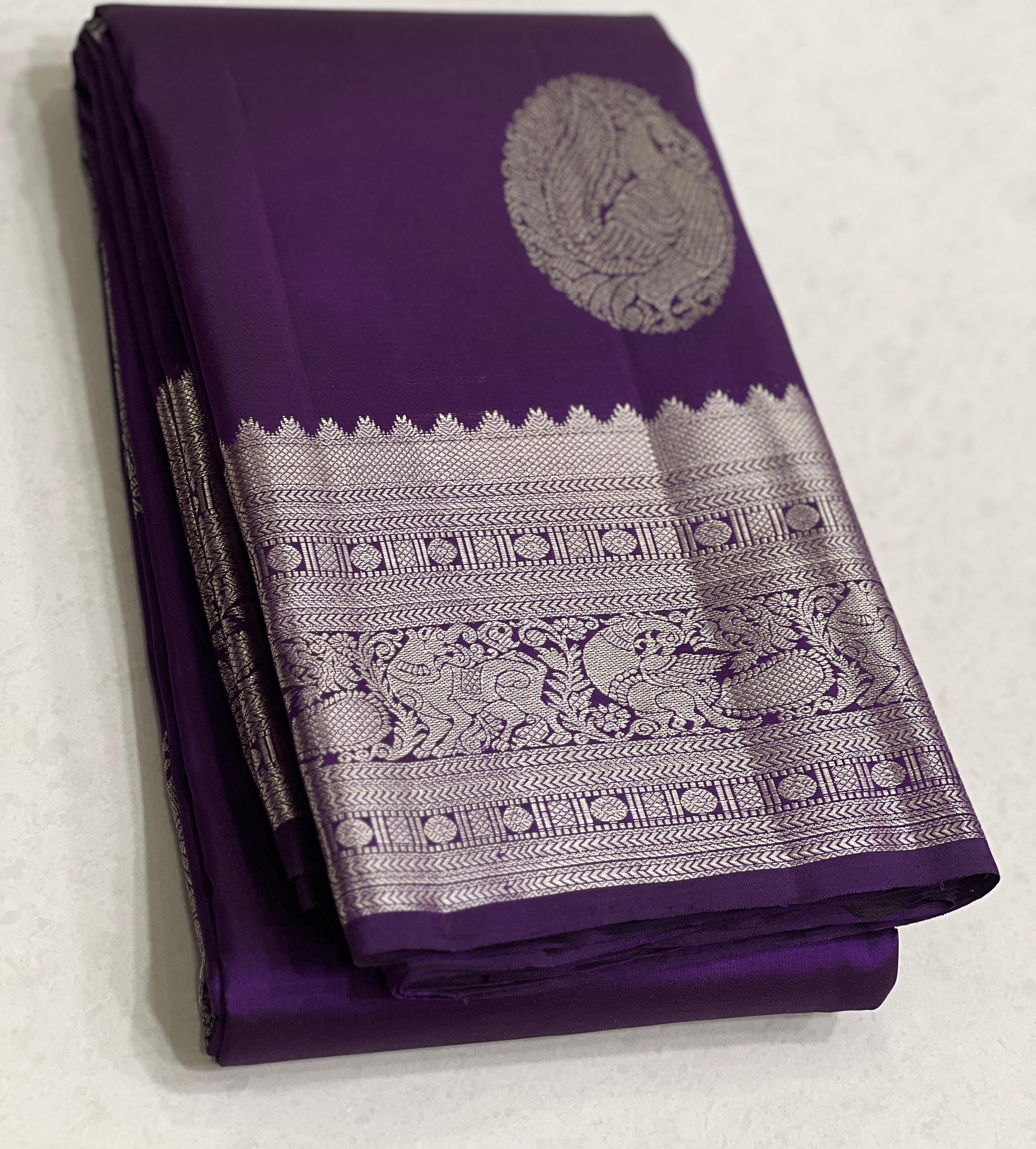 Classic Rebeca Purple 1gm Zari Bridal Elegance Kanchipuram Handloom Silk Saree SS22391