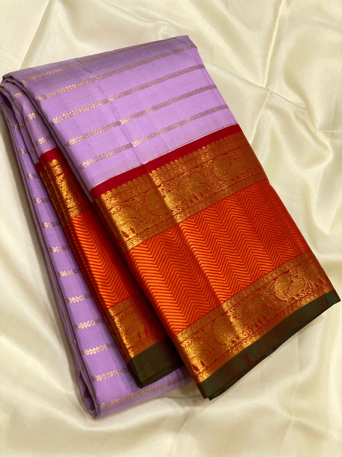 Classic Lilac & Orange 3gm Zari Vaira Oosi Beldari Design Elegance Kanchipuram Handloom Silk Saree SS24441