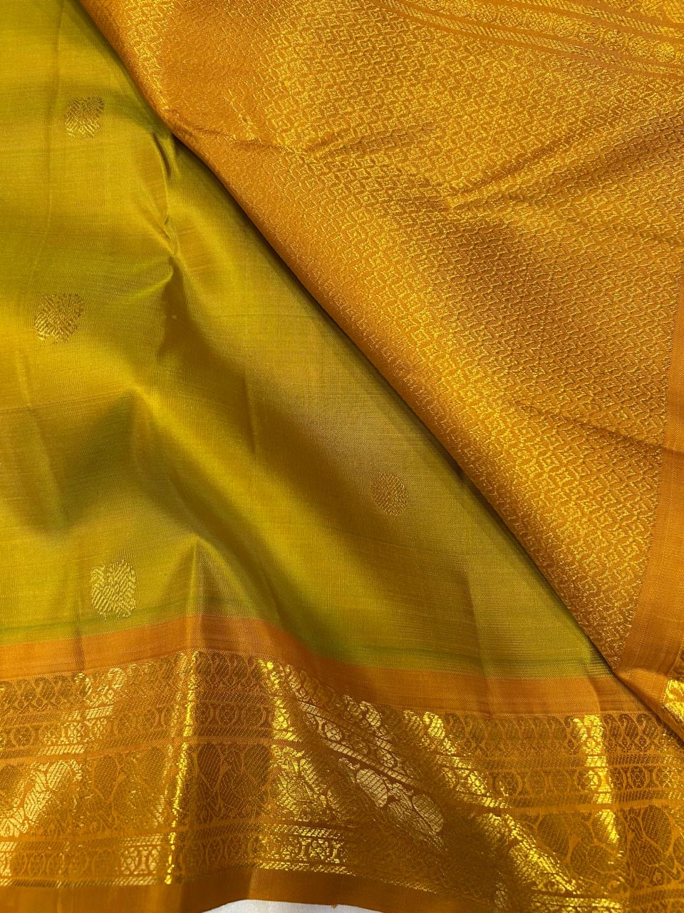 Classic Olive Mustard & Caramel Brown 2gm Zari Elegance Kanchipuram Handloom Silk Saree SS24084