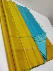 Classic Olive Green & Sky Blue Elegance Plain Handloom Soft Silk Saree SS24082