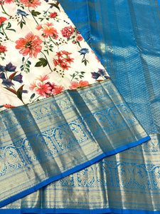 Classic Beige & Azure Blue Kalamkari Digital Print Bridal Elegance Kanchipuram Handloom Silk Saree SS23909