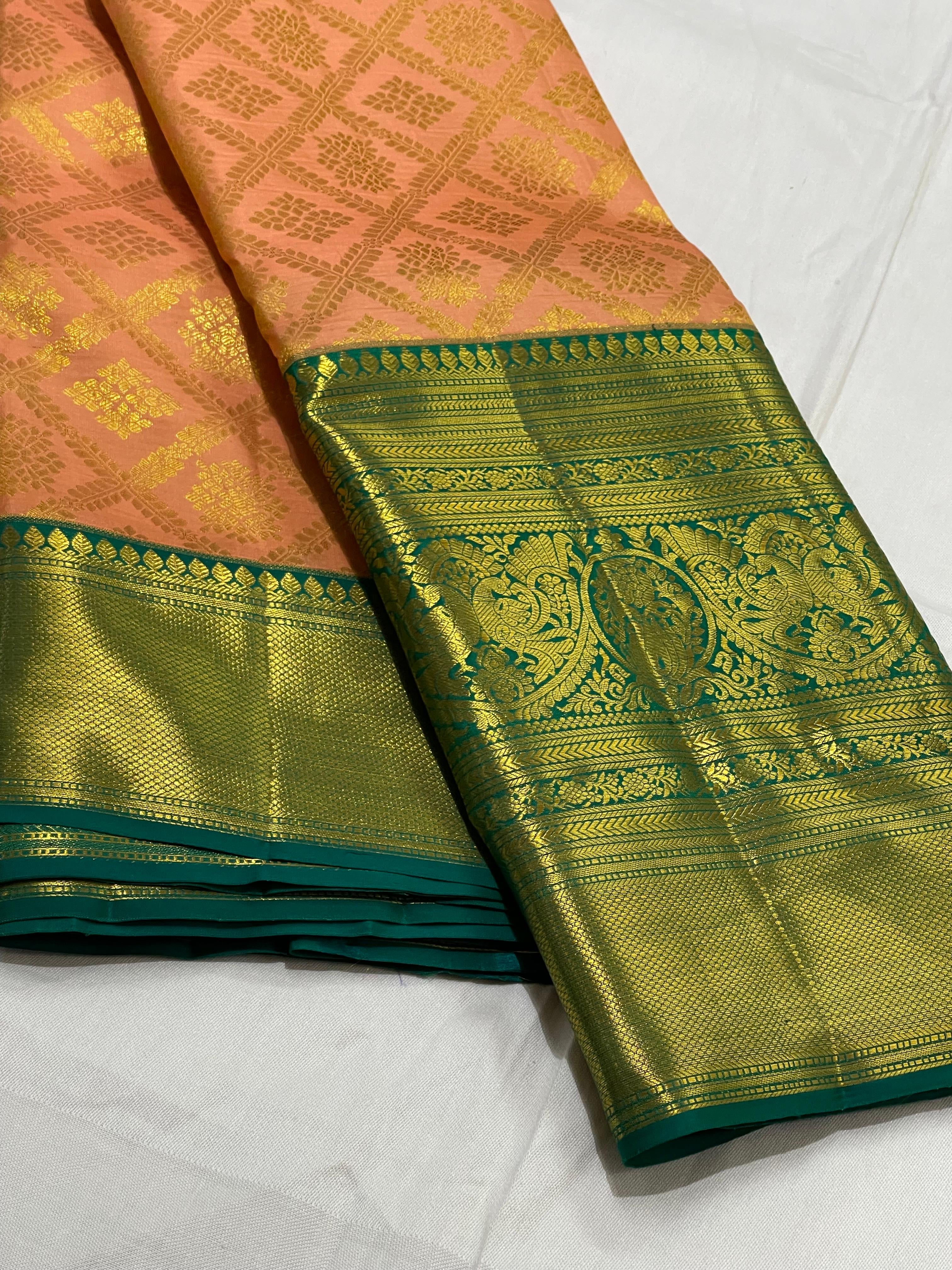 Classic Sunset Peach & Teal Green 2gm Zari Brocade Bridal Elegance Kanchipuram Handloom Silk Saree SS23636