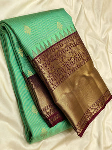 Classic  Sea Green & Dark Espresso 2gm Zari Elegance Kanchipuram Handloom Silk Saree SS25271