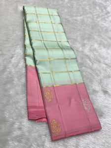Classic Pastel Sea Green & Baby Pink 2gm Zari Kanchipuram Handloom Silk Saree SS25928