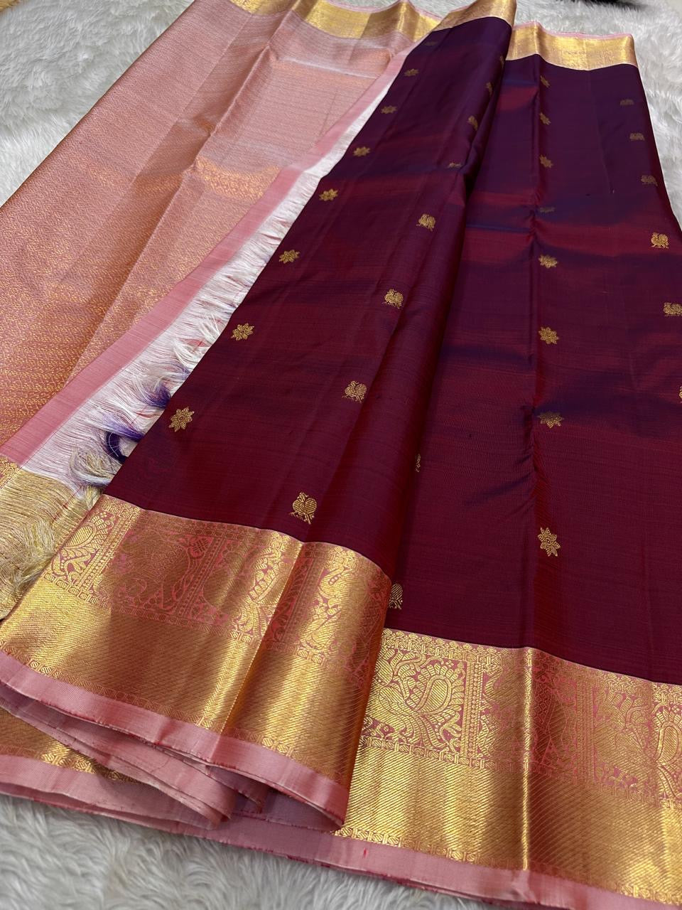 Classic Wine Red & Rose Kanchipuram Handloom Silk Saree SS25961