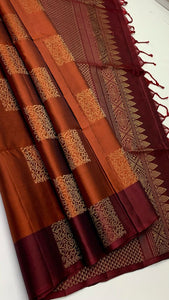 Classic Fire Orange & Amber Orange Elegance Handloom Soft Silk Saree SS24409