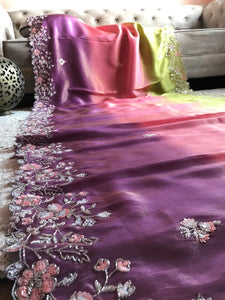 Classic Pink Purple Ombre Elegance Tissue Organza Handloom Silk Saree SS22287