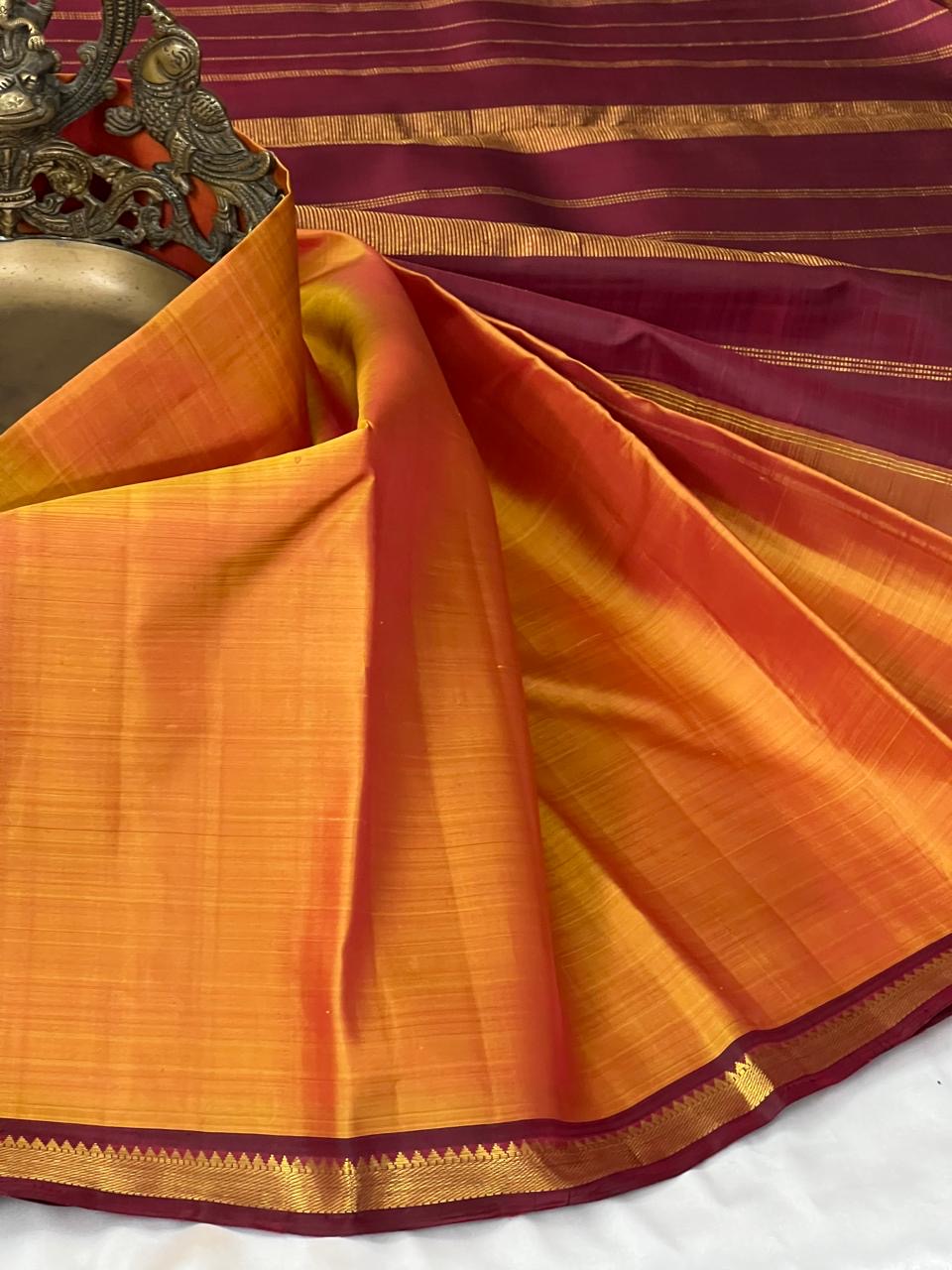 Mustard Orange & Maroon 2gm Zari Bridal Elegance Kanchipuram Handloom Silk Saree SS23761