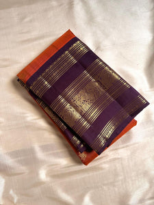 Classic Burnt Orange & Dark Blue 2gm Zari Elegance Kanchipuram Handloom Silk Saree SS25494