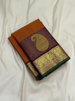 Load image into Gallery viewer, Classic Burnt Orange &amp; Coffee Brown 1gm Zari Vintage Checks Elegance Kanchipuram Handloom Silk Saree SS26984
