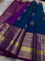 Load image into Gallery viewer, Classic Prussian Blue &amp; Purple Kanchipuram Handloom Silk Saree SS26091
