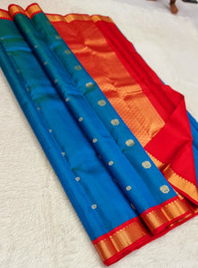 Classic Azure Blue & Crimson Red Kanchipuram Handloom Silk Saree SS25811